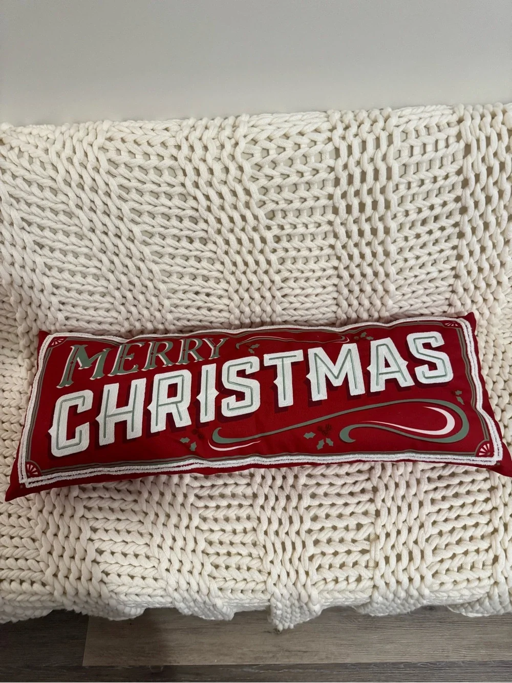 Merry Christmas Red Holiday Lumbar Pillow - Decorative Accent 34x13.5